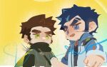  2boys :d amaimochi arms_at_sides bandaid bandaid_on_face bandaid_on_nose bara blue_eyes blue_hair brown_hair clenched_hand eyebrow_cut facial_hair foreshortening from_below green_eyes highres huge_eyebrows long_sideburns male_focus medium_sideburns multiple_boys original short_hair sideburns sideburns_stubble smile stubble unfinished 