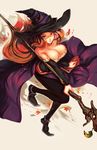  bare_shoulders bespectacled black_legwear breasts cleavage dragon's_crown glasses hat highres large_breasts long_hair looking_at_viewer pantyhose red_eyes red_hair saimon_ma smile solo sorceress_(dragon's_crown) staff witch_hat 