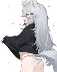  1girl animal_ears ass black_sweater blush clothes_lift collar commentary cowboy_shot fenrir_(fenriluuu) grey_hair heart highres lifted_by_self long_hair open_mouth original panties red_collar red_eyes rir-chan smile solo sparkle striped_clothes striped_panties sweater sweater_lift symbol-only_commentary tail underwear wolf_ears wolf_girl wolf_tail 