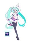  1girl :d absurdres aqua_hair black_eyes black_thighhighs bow elbow_gloves finger_gun fingerless_gloves flower_in_eye gloves hair_ornament hair_tie hatsune_miku high_heels highres kokaki_mumose long_hair looking_at_viewer muse_dash navel no_shirt one_eye_closed pleated_skirt purple_bow simple_background skirt smile standing standing_on_one_leg stepping symbol_in_eye thighhighs translation_request very_long_hair vocaloid white_background 