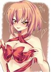  :p bare_shoulders blush bow breasts brown_background brown_eyes brown_hair dated heart large_breasts naked_ribbon original ribbon sendou_hachi smile solo tongue tongue_out valentine 