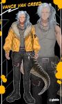  1boy :| abs absurdres belt belt_buckle black_background black_footwear black_pants boots braid brown_belt buckle character_name closed_mouth collarbone copyright_name crocodilian_tail english_text full_body fur-trimmed_jacket fur_trim globie grey_hair grey_tank_top highres jacket jewelry looking_at_viewer multiple_rings necklace nonomaro pants quilted_jacket ring slit_pupils splatter standing tail tan tank_top tattoo vance_van_creed virtual_youtuber yellow_eyes yellow_jacket 