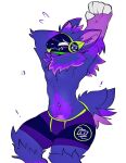 2024 :3 anthro blush clothed clothing digital_media_(artwork) fur gatotacato machine male piercing protogen purple_body purple_fur simple_background solo stretching topless underwear