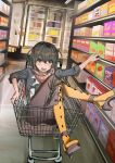  1boy absurdres black_hair black_pants blue_coat box cereal_box coat crossed_legs drop_earrings dutch_angle earrings feet_up food full_body highres in_shopping_cart indoors jewelry kome_non looking_at_viewer male_focus mashiro_meme mashiro_meme_(1st_costume) nijisanji open_clothes open_coat open_mouth orange_pantyhose pants pantyhose red_nails red_scarf scarf shelf shirt shopping_cart short_hair short_sleeves sitting smile solo strappy_heels supermarket suspenders two_side_up virtual_youtuber white_shirt yellow_eyes 
