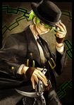  balisong belt blazblue coat fedora fingerless_gloves gloves green_hair hat hazama knife long_coat male_focus open_clothes open_coat solo weapon yellow_eyes 