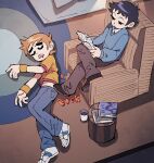  2boys black_hair book brown_hair chair cup fingernails highres holding holding_book male_focus midriff_peek multiple_boys open_mouth pants scott_pilgrim scott_pilgrim_(series) scott_pilgrim_takes_off shirt shoes short_hair sitting sleeping sneakers tetsu_(teppei) wallace_wells yellow_wristband 