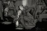  1boy 1girl biting_own_lip canvas_(object) closed_eyes grabbing grabbing_another&#039;s_breast greyscale highres monochrome nabetse_zitro original painting_(object) thighhighs torn_clothes torn_thighhighs 