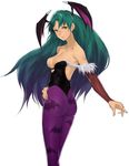  animal_print ass bare_shoulders bat_print bat_wings breasts bridal_gauntlets cleavage demon_girl denchuu_akira elbow_gloves gloves green_eyes green_hair head_wings leotard long_hair medium_breasts morrigan_aensland pantyhose print_legwear purple_wings solo succubus twisted_torso vampire_(game) wings 