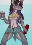 absurd_res anthro black_hair blue_eyes bottomwear canid canine canis clothed clothing drunk exposed_belly female hair hi_res jackal jeans_shorts lilianne mammal panties rickwulfk95 shorts solo substance_intoxication topwear underwear