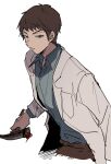  1boy aoi_(yooo009) blue_shirt brown_eyes brown_hair closed_mouth collared_shirt cowboy_shot expressionless hammer highres holding holding_hammer holding_weapon jacket lab_coat long_sleeves looking_at_viewer male_focus miyata_shirou open_clothes open_jacket shirt short_hair simple_background siren_(series) siren_1 solo upper_body weapon white_background 
