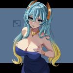  1girl absurdres aqua_eyes bare_shoulders blue_background blue_dress blue_hair blue_nails bracelet breasts cleavage commentary dress eyeshadow highres iwannabethesun jewelry large_breasts league_of_legends looking_at_viewer makeup nail_polish smile solo sona_(league_of_legends) strapless strapless_dress twintails upper_body 