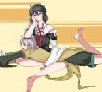  2others androgynous bandana barefoot black_eyes black_hair black_shorts black_sleeves closed_mouth coat collared_shirt commentary_request detached_sleeves elbow_on_another&#039;s_head enraku_tsubakura hand_on_own_cheek hand_on_own_face happy_aura highres houlen_yabusame len&#039;en medium_hair multiple_others no_headwear open_mouth other_focus purple_trim shirt shorts smile white_background white_sleeves yellow_bandana yellow_coat yoni. 