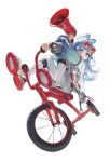  1girl antenna_hair blue_eyes blue_hair choppy_bangs ear_piercing fatur_rasid full_body highres holding holding_megaphone hololive hololive_indonesia jacket kobo_kanaeru long_hair looking_at_viewer megaphone multicolored_hair pants piercing riding_tricycle see-through see-through_jacket shoes sidelocks smirk sneakers streaked_hair sunglasses tank_top tricycle two-tone_hair vtrube whit_hair white_background white_pants white_tank_top 