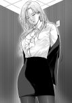  1girl closed_eyes collared_shirt commentary dress_shirt earrings greyscale highres hoop_earrings indoors jacket jewelry long_hair mature_female mole mole_under_eye monochrome office_lady original pantyhose pencil_skirt shirt shirt_tucked_in skirt solo undressing wing_collar xter 