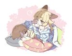  2girls animal_ear_fluff animal_ears blonde_hair blush bouen camisole chick_print closed_eyes commentary_request dated flat_chest highres long_hair multiple_girls original pajamas pillow rubbing_eyes sleeping under_covers waking_up 