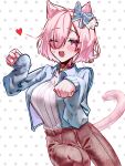  1girl alternate_costume animal_ear_fluff animal_ears bell blush cat_ears cat_girl cat_tail fate/grand_order fate_(series) heart highres huo_ting jacket looking_at_viewer mash_kyrielight neck_bell one_eye_closed open_clothes open_jacket pants paw_pose purple_eyes purple_hair ribbed_sweater ribbon short_hair solo sweater tail 