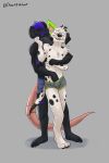 absurd_res anthro black_body black_fur canid canine canis clothing dalmatian domestic_dog duo eyewear fur glasses groping_crotch groping_from_behind hair hi_res hug hugging_from_behind hustifthebat kissing_neck long_tail lucky_dalmatian male male/male mammal murid murine purple_hair rat rodent rydertherat tail underwear white_body white_fur
