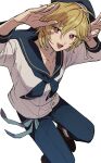  1boy absurdres aoi_(yooo009) blonde_hair blue_neckerchief blue_pants blue_sailor_collar collarbone ensemble_stars! full_body hair_between_eyes hands_up hat highres long_sleeves looking_at_viewer male_focus neckerchief nito_nazuna open_mouth pants red_eyes sailor_collar sailor_hat short_hair simple_background smile solo white_background 