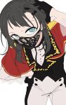  1girl a_jak bang_dream! bang_dream!_it&#039;s_mygo!!!!! black_gloves black_hair black_mask black_shirt blue_eyes cape from_above gloves grey_pants hand_in_own_hair highres long_hair looking_at_viewer mask mouth_mask pants red_cape see-through see-through_sleeves shirt simple_background sitting solo white_background yahata_umiri 