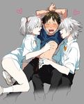  2boys angel_chromosome_xx arms_up bad_id bad_pixiv_id bdsm bisexual_(male) blush bondage bottomless bound bound_wrists brown_hair closed_eyes grey_hair heart hosaka_dx ikari_shinji multiple_boys nagisa_kaworu neon_genesis_evangelion red_eyes shirt_lift tabris tabris-xx 