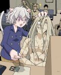  1girl 3boys animal_ears antennae black_hair blonde_hair cat_ears cat_tail corpse gon_freecss hand_on_another&#039;s_head highres holding holding_pen hunter_x_hunter kite_(hunter_x_hunter) long_hair meme multiple_boys neferpitou open_mouth paper pen psicochurroz scar shaiapouf short_hair sitting smile standing stitches tail white_hair 