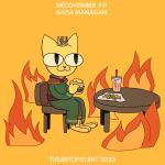1:1 2023 :3 anthro bethesda_softworks beverage big_eyes biped black_eyes burger cat_smile chair closed_smile clothing colored container crossover crown cup digital_media_(artwork) drinking_straw felid female fire food fries fur furniture fusion green_clothing headgear hi_res hindpaw holding_object katia_managan khajiit looking_offscreen mammal microsoft mitten_hands mouth_closed neco-arc on_chair paws pink_nose prequel_adventure robe shaded sitting sitting_on_chair smile soda solo table text the_elder_scrolls theartofsilent this_is_fine tsukihime type-moon yellow_body yellow_fur