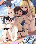  ahoge bad_id bad_pixiv_id barefoot beach bikini bite_mark black_bikini black_hair blonde_hair blue_bikini blue_eyes blush bow breasts brown_eyes brown_hair cleavage day dutch_angle frilled_bikini frills gun hair_bow knife leg_garter legs lena_(zoal) long_hair maid_headdress medium_breasts multiple_girls open_hand princess_(shingeki_no_bahamut) red_bikini red_eyes rifle sandals serie_(shingeki_no_bahamut) shingeki_no_bahamut shoes_removed short_hair sitting smile swimsuit tears wavy_mouth weapon yuri 