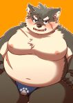 anthro asian_clothing belly blush bulge canid canine canis clothing domestic_dog dosanco15 east_asian_clothing embarrassed eyebrows fundoshi fur grey_body grey_fur hi_res japanese_clothing lifewonders male mammal moobs moritaka_(tas) navel nipples overweight scar solo thick_eyebrows tokyo_afterschool_summoners underwear