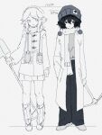  2others alternate_costume androgynous chinese_commentary closed_mouth coat commentary_request earmuffs enraku_tsubakura film_grain full_body gas_wf greyscale hair_between_eyes hand_in_pocket hat height_chart holding holding_pickaxe holding_shovel houlen_yabusame leg_warmers len&#039;en medium_hair miniskirt monochrome multiple_others open_clothes open_coat other_focus pants pickaxe pleated_skirt pom_pom_(clothes) scarf shovel simple_background skirt smile unworn_mittens white_background winter_clothes 