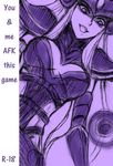  armor breasts cleavage ear_protection english forehead_protector helmet league_of_legends long_hair medium_breasts monochrome syndra wocami 