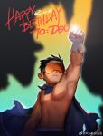  1boy abs absurdres bara cape clenched_hand cowboy_shot dudou_(du_dou) facial_hair glasses gloves goatee_stubble goggles hand_up happy_birthday highres male_focus nipples opaque_glasses original pectorals powerlesssong short_hair solo standing stomach stubble superhero_costume victory 