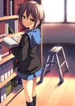  bad_id bad_pixiv_id black_legwear blush book bookshelf brown_eyes cardigan expressionless highres kinta_(distortion) kita_high_school_uniform looking_at_viewer looking_back nagato_yuki open_book purple_hair school_uniform serafuku short_hair solo stepladder suzumiya_haruhi_no_yuuutsu window wooden_floor 