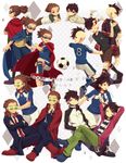  age_progression armband ball brown_hair cape formal fudou_akio goggles grin hairlocs highres inazuma_eleven inazuma_eleven_(series) inazuma_eleven_go inazuma_eleven_go_galaxy inazuma_eleven_go_vs_danball_senki_w inazuma_japan inazuma_legend_japan kidou_yuuto lying male_focus multiple_boys multiple_persona necktie on_stomach one_eye_closed open_mouth raimon raimon_soccer_uniform red_eyes saku_anna shin_teikoku smile soccer soccer_ball soccer_uniform sportswear suit teikoku telstar 