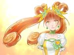  bow brown_eyes brown_hair choker cure_rosetta dokidoki!_precure double_bun earrings flower green_choker hair_flower hair_ornament hair_ribbon heart jewelry long_hair looking_at_viewer magical_girl precure puffy_sleeves ribbon skirt smile solo tatsuki_(pizza_no_tempra) twintails wrist_cuffs yellow yellow_background yotsuba_alice 