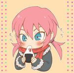  blue_eyes blush chibi eating food holding holding_food inazuma_eleven_(series) inazuma_eleven_go kirino_ranmaru male_focus maron_(quintet_colors) mochi pink_hair scarf solo twintails upper_body wagashi 