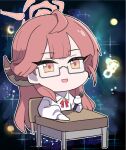  1girl :d absurdres alternate_costume aru_(blue_archive) blue_archive blunt_bangs bow bowtie chair chibi collared_shirt commentary_request demon_girl demon_horns desk glasses halo highres holding holding_pen horns keke_(user_djyu7823) long_hair long_sleeves looking_at_viewer meme parted_bangs pen red_bow red_bowtie red_hair school_chair school_desk school_uniform semi-rimless_eyewear shirt sidelocks simple_background skirt sky smile solo space space_cat_(meme) star_(sky) starry_sky white_shirt yellow_eyes 