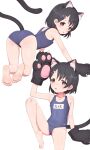  1girl absurdres all_fours animal_ears animal_hands ass barefoot black_hair breasts cameltoe cat_ears cat_paws cat_tail child choker cosplay feet flat_chest goki_buri hair_ornament hairpin highres idolmaster idolmaster_cinderella_girls idolmaster_cinderella_girls_u149 looking_at_viewer looking_back multiple_views name_tag navel sasaki_chie school_swimsuit short_hair skin_tight small_breasts soles swimsuit tail toes white_background 
