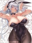  1girl animal_ears armpits bare_shoulders bed_sheet black_bow black_bowtie black_leotard blue_eyes blush bow bowtie breasts brown_pantyhose cle_masahiro cleavage covered_navel curvy detached_collar fake_animal_ears grey_hair hand_up high_ponytail highleg highleg_leotard highres large_breasts leotard long_hair looking_at_viewer lying narrow_waist on_back original pantyhose playboy_bunny rabbit_pose skindentation solo strapless strapless_leotard thighs undersized_breast_cup wide_hips wing_collar wrist_cuffs 