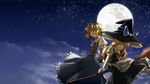  alice_margatroid blonde_hair broom broom_riding dress fat_(artist) full_moon hat highres kirisame_marisa moon moonlight multiple_girls night short_hair touhou wallpaper witch_hat 