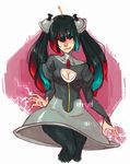  bell black_hair black_legwear breasts cleavage cleavage_cutout electricity gen_4_pokemon green_hair hair_bell hair_ornament long_hair magnezone medium_breasts multicolored_hair pantyhose personification pokemon red_hair skirt smile solo twintails x-arielle 