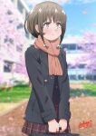  1girl :t azusagawa_kaede black_jacket blue_sky blurry blurry_background blush bow briefcase brown_eyes brown_hair brown_scarf brown_skirt building closed_mouth cloud commentary_request dated day depth_of_field fringe_trim hair_bow holding jacket long_sleeves outdoors pleated_skirt pout red_bow revision sakayaya scarf school_briefcase seishun_buta_yarou signature skirt sky solo tree v-shaped_eyebrows 