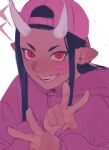 ama_a93 black_hair blush clothed clothing fangs female gesture hair hand_gesture hat headgear headwear hoodie horn horned_humanoid humanoid humanoid_pointy_ears humanoidized leonarda_(qsmp) nonbinary_(lore) not_furry pink_theme qsmp red_eyes simple_background sketch smile solo sparkles teeth topwear unfinished v_sign white_background young_(lore)