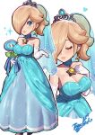  1girl aqua_dress aqua_eyes artist_logo artist_name bare_shoulders blush breasts brooch cleavage closed_eyes collar dress earrings full_body gloves heart highres holding holding_plant ice_flower jewelry large_breasts long_dress long_hair looking_at_viewer mario_(series) pink_lips plant rosalina simple_background solo star_(symbol) star_brooch star_earrings strapless strapless_dress tiara toggy_keiichi upper_body veil white_background white_gloves 