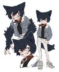  1boy :3 animal_ears animal_hands black_hair black_shirt claws closed_mouth deviidog0 english_commentary fangs full_body fur-trimmed_jacket fur_trim grey_eyes grey_jacket grin hands_up highres jacket long_sleeves looking_at_viewer male_focus monster_boy multiple_views original pants red_pupils shirt shoes short_hair simple_background smile sneakers standing star-shaped_pupils star_(symbol) symbol-shaped_pupils tail white_background white_pants wolf_boy wolf_ears wolf_tail 