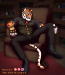 absurd_res animal_humanoid boots cat_humanoid clothing epic_games fangs felid felid_humanoid feline feline_humanoid footwear fortnite gloves handwear hi_res humanoid library male mammal mammal_humanoid necktie oscar_(fortnite) pantherine sammaeel shirt sitting solo stripes tail teeth tiger topwear vest