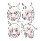  1girl :o animal_ears arms_up blush bow bowtie brooch chibi chiikawa_four_expressions_(meme) closed_mouth double_v ear_ornament gloves grey_hair hair_ornament hairclip hands_up happy_meek_(umamusume) highres horse_ears jacket jewelry looking_at_viewer medium_hair meme multiple_views pink_eyes ryusei_(ryusei_b) short_sleeves smile twitter_username umamusume v v-shaped_eyebrows white_background white_gloves white_jacket 