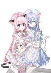  2girls :o animal_ear_fluff animal_ears apron blue_dress blue_eyes blue_hair blue_hat bow braid cat_ears cat_girl cat_tail chihuri closed_mouth commentary_request dress earrings ende_(chihuri) extra_ears frilled_apron frills garter_straps gloves hair_between_eyes hair_bow hair_intakes hat heart highres holding_hands interlocked_fingers jewelry kneeling long_hair multiple_girls nea_(chihuri) nurse original parted_lips pink_bow pink_dress pink_hair pink_hat plaid_headwear puffy_short_sleeves puffy_sleeves purple_eyes short_sleeves smile stud_earrings tail thighhighs very_long_hair white_apron white_gloves white_thighhighs wrist_cuffs 