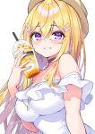  1girl bare_shoulders blonde_hair blush breasts brown_hat cleavage cu-no cup disposable_cup drinking_straw earrings hair_between_eyes hair_ornament hairclip hakurei_botan hand_up hat highres hisen_kaede holding holding_cup jewelry large_breasts long_hair looking_at_viewer nail_polish off-shoulder_shirt off_shoulder purple_eyes purple_nails shirt signature simple_background smile solo upper_body very_long_hair white_background white_shirt 