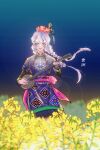  1girl braid changmingsuo chinese_text dress floating_hair flower hair_flower hair_ornament highres hmong holding holding_instrument instrument jewelry long_hair long_sleeves looking_at_viewer miao_clothes music original playing_instrument purple_eyes qiushiri rapeseed_blossoms smile solo standing white_hair 