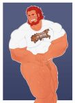  1boy bara beard blue_background commission cwaffle26 facial_hair fate/grand_order fate/zero fate_(series) flexing hairy highres iskandar_(fate) large_pectorals looking_at_another male_focus male_underwear manly mature_male muscular muscular_male no_pants pectorals red_eyes red_hair second-party_source shirt short_hair simple_background smirk solo teeth thick_arms thick_eyebrows thick_thighs thighs tight_clothes underwear very_hairy 